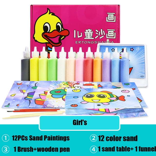Hxlamzoo Kids Toys Sand Painting 12 Colors Sand Art Kit with 12 vibrant sand bottles, 12 painting cards featuring playful designs, a brush, wooden pen, sand table, and funnel. Perfect for arts and crafts for kids aged 3 and up, promoting creativity, fine motor skills, and hand-eye coordination. Made of safe dolomite and dyes, the multicolored sand and cards are durable and non-fading.