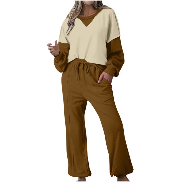Posijego Ensemble de Survêtement pour Femmes 2 Pcs à Blocs de Couleur Col Rond Chandail Chandails en Molleton Pantalons Tenues de Détente
