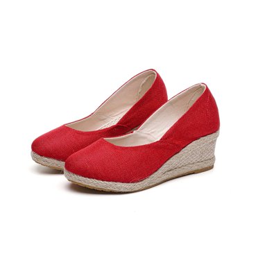 Womens Espadrille Shoes Platform Wedge Close Toe Slip on Flax Solid Color Simple Non Slip Lightweight Breathable Summer Beach High Heels Red