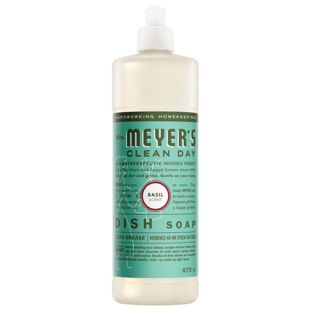 Mrs. Meyer's Clean Day Dish Soap - Basil 473ml centered front-facing bottle with green translucent liquid and flip-top cap, label showing brand name and basil illustration; plant-derived, biodegradable hand-wash formula on a kitchen sink ledge, suitable as a refill for pump dispensers.