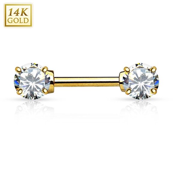 14K Gold Nipple Bar - Double Prong Set AAA CZ Gems - 14 Gauge 1/2" (12 mm)