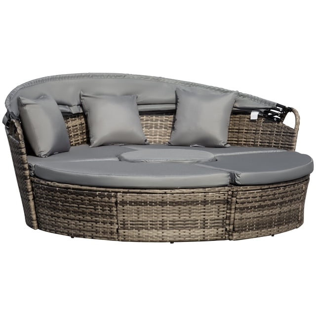 Outsunny Chaise Longue de Patio avec Canapé-Lit Rond Coussiné, Gris, 4 Pcs, Réglable. Ce Lit de Jour d'Extérieur Présente un design Rond avec Auvent Rétractable, Cadre en Rotin PE Gris, et des Coussins Gris Épais pour le Confort. l'Ensemble Modulaire Peut Être Disposé comme un Lit de Jour Simple Ou Séparé en Plusieurs Pièces d'Assise, Y Compris une table Ronde. les Coussins Sont en polyester Résistant à l'Eau avec Housses Lavables, et les Pieds Ajustables Assurent la Stabilité sur les surfaces Irrégulières. Idéal pour les patios, les Cours Arrière Ou la Détente au Bord de la Piscine