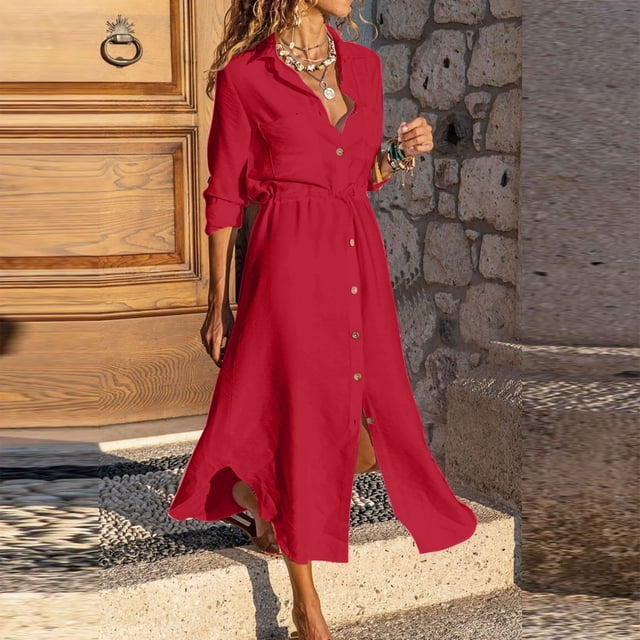 Robes pour Femmes 2024 Été Oversize Couleur Unie à Simple Boutonnage Col à Revers Robe Chemise à Cordon Robe en Coton et Lin Rabais de 50 % Liquidation!