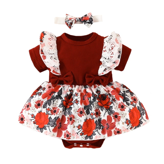 MIASHUI Robe Barboteuse pour Bébé Fille à Manches Courtes, Justaucorps à Volants, Ourlet de Jupe, Tenue, Rouge, 9-12 Mois