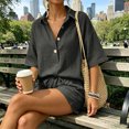 thumbnail image 4 of Cutuo Two Piece Sets for Women Summer Matching Sets, Solid Color Collared V Neck Short Sleeve Button Down Shirt Top and Drawstring Waist Shorts Casual Outfits, 4 of 9