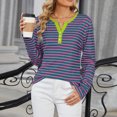 thumbnail image 4 of Timegard Hauts pour Femmes à Rayures Col en V Échancré Mi-Long Haut Automne Hiver Chic Décontracté Ample Confortable Blouse, 4 of 7