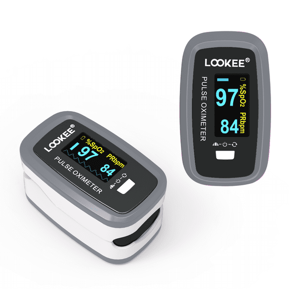 LOOKEE® Oxymètre de Pouls de Qualité Supérieure / Fièrement Canadien / Moniteur d'Oxygénothérapie du Bout des Doigts / Moniteur de Saturation en Oxygène Sanguin SpO2 avec Écran OLED à Rotation Automatique Pléthysmographe et PR / Gris