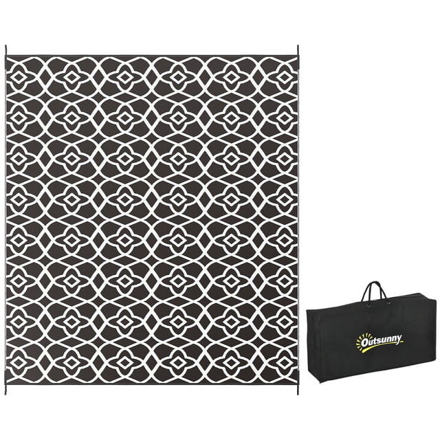 Outsunny Waterproof Outdoor Rug w/ Carry Bag, 8' x 10', Black White Clover