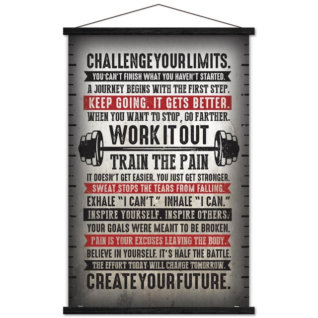 Challenge Your Limits Wall Poster, 14.725" x 22.375", motivational fitness wall art with bold black and red text on a distressed gray background, framed in black wood and hung by a thin wire, suitable for home décor, gym, or office inspiration.