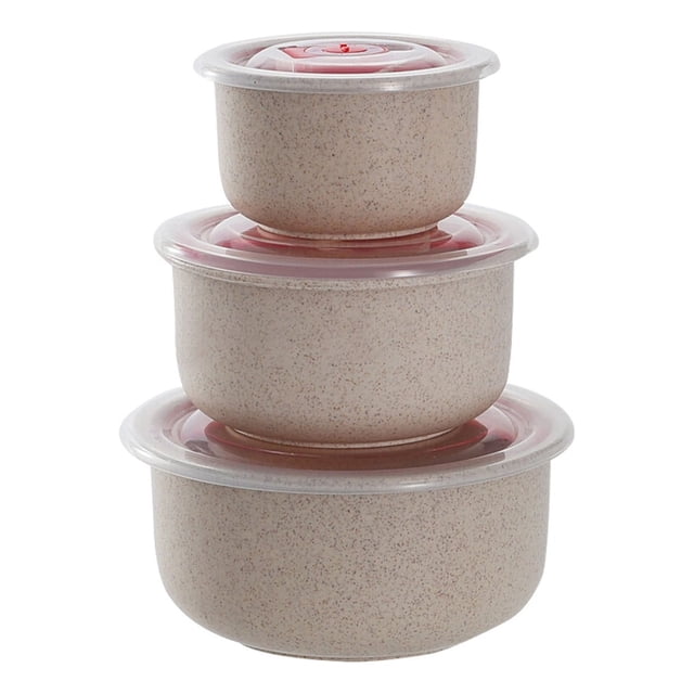 Straw Fresh-keeping Bowl With Lid Household Microwaveable Round Bento Box Lunch set, featuring three stackable bowls in beige with speckled texture and transparent lids with red vent caps. Sizes include 300ml, 500ml, and 900ml. Made of food-grade PP material, lightweight, and suitable for microwaving with the lid vent open. Ideal for meal prep, picnics, or storing pasta, sandwiches, fruits, and snacks.