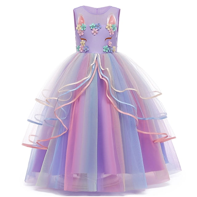 Girls' Unicorn Costume Princess Long Maxi Dress for Birthday Party with pastel rainbow tulle layers, floral embellishments, and a sleeveless design. Includes unicorn horn and glitter ears accessories. Perfect for kids' party dress, girls' cosplay outfit, birthdays, Halloween, and pageants.