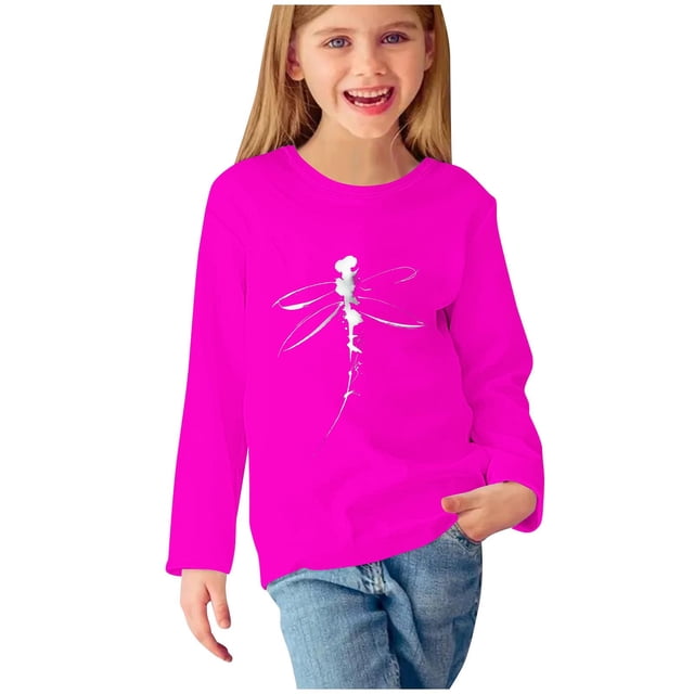 T-shirts à Manches Longues pour Filles, Col Rond, en Coton, Imprimé Libellule, T-Shirts Décontractés d'Automne et de Printemps, T-Shirts Graphiques Basiques pour Enfants (7 Ans, Rose Vif)