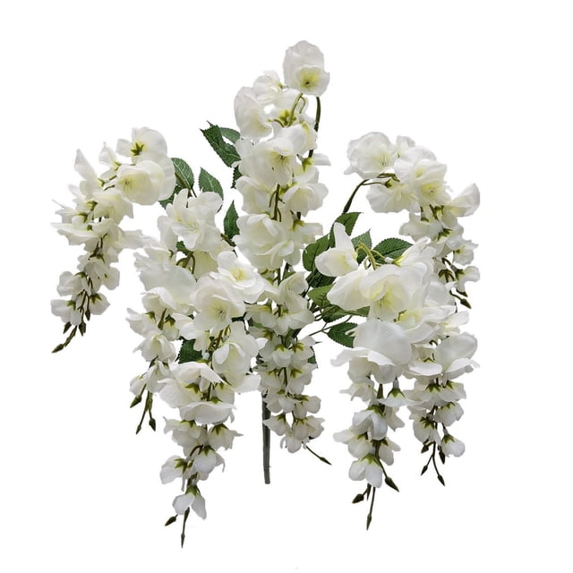 Mainstays 20 inch Artificial Flower, Wisteria Bouquet, White Color with seven cascading branches of white polyester wisteria flowers and green leaves, designed for indoor decorative use, approximately 20 inches tall, ideal for vases, hanging baskets, or as a fresh, maintenance-free accent in home or office settings.