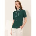 thumbnail image 4 of INSPIRE CHIC Women's Contrast Peter Pan Collar Shirt Puff Sleeve Button Up Tie Neck Blouse Dark Green L, 4 of 4