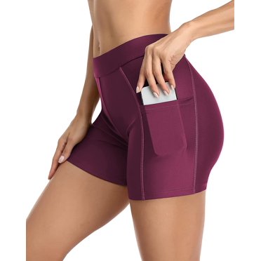 Charmo Shorts de Bain pour Femmes avec Poches, Shorts de Planche Unis, Bas de Maillot Boyleg