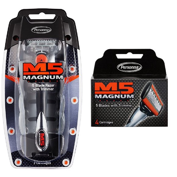 Personna M5 Magnum 5 Razor with Trimmer + M5 Magnum 5 Refill Razor Blade Cartridges, 4 ct.