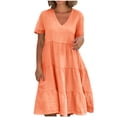 thumbnail image 2 of Meichang Robes d'Été pour Femmes 2025 Décontractées à Manches Courtes Col en V à Étages Longueur Genou Robes Trapèze Robe en Coton et Lin Fluide Tunique de Plage, 2 of 7
