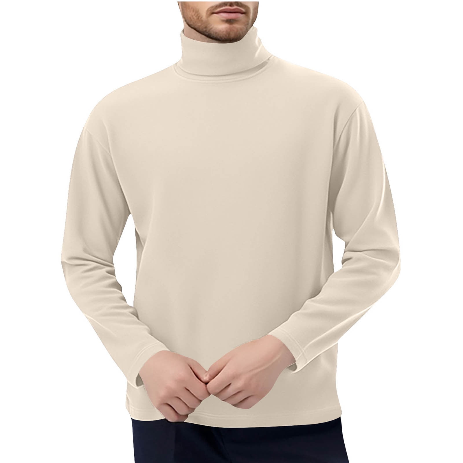 Plain Tshirts for Men Men's Winter Solid Color Medium High Neck Designlong Sleeved Round Neck Top Beige XL