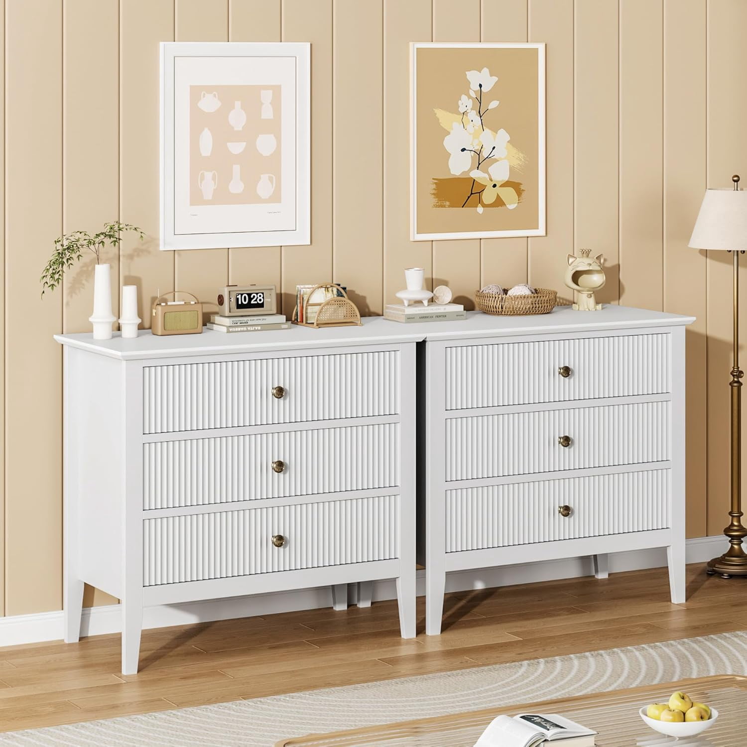 Wide Wood Chest of Drawers, Modern Storage Dresser Chest of Drawers Organizer with Metal Legs and Anti-Tipping Device for Bedroom Living Room, White, Fluted 3 Drawers Chest of Drawers Set of 2