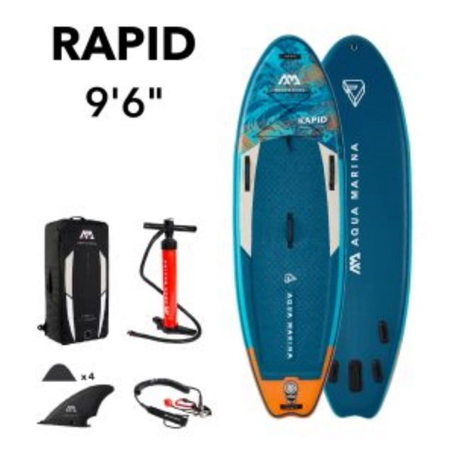 Aqua Marina 2022 RAPID 9' 6" Blue Water Inflatable Stand Up Paddle Board (Isup) shown from top and bottom views with a blue textured EVA footpad deck, orange nose, and three fixed fins on the bottom. Includes a black zip backpack, red manual pump, four slide-in river fins, and a black coiled river leash suitable for river paddling.