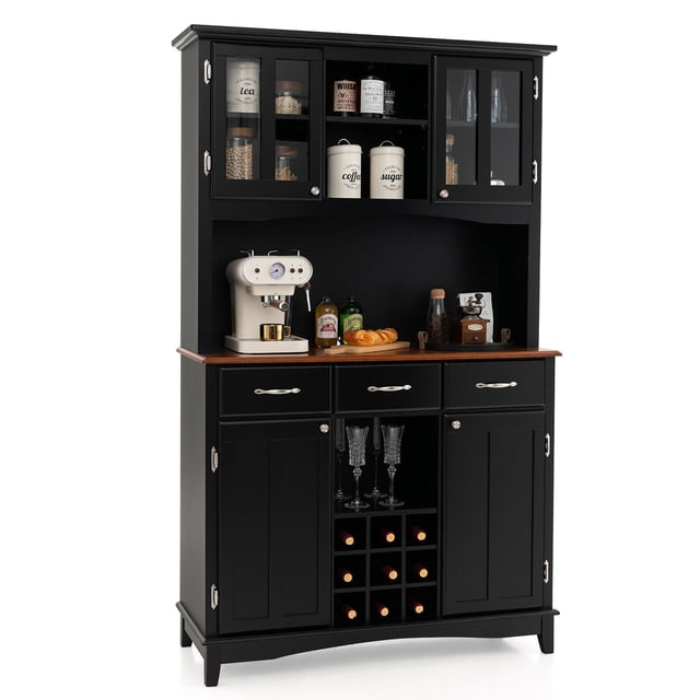 Gymax Buffet And Hutch Kitchen Storage Cabinet Cupboard with Wine Rack and Drawers in black. This modern china cabinet features a spacious center area for appliances, dual tempered glass doors for displaying fine dishes, three large drawers, two enclosed cabinets with adjustable shelves, and a three-layer wine rack with nine compartments. Made of engineered wood and MDF with metal handles and smooth drawer slides. Perfect for kitchens, dining rooms, or as a display cabinet.