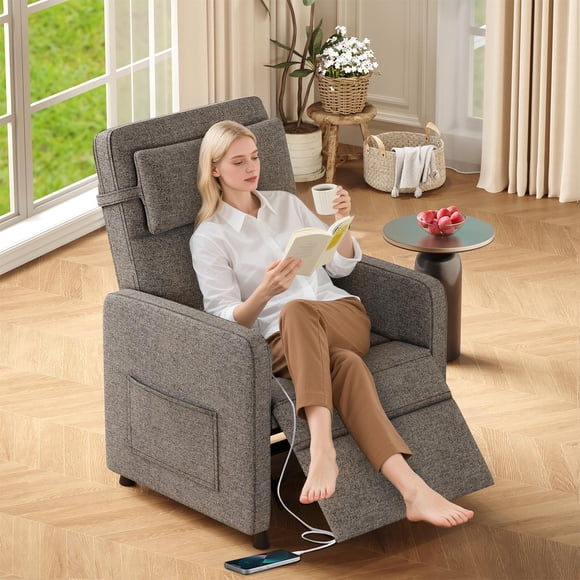 Recliner Chair Living Room Recliner Adjustable Backrest & Footrest with Charging Ports(Brown)