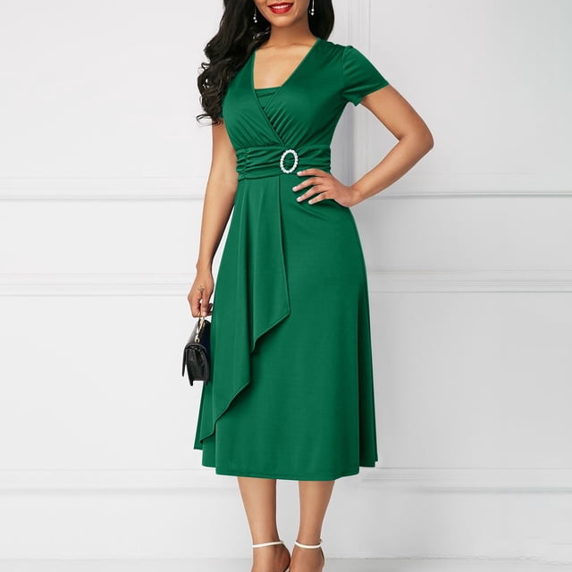 EGNMCR Robes de Soirée pour Femmes, Robes Formelles pour Femmes, Robes de Cocktail pour Femmes à Manches Courtes Robe à Col en V Robe d'Été Unie à Manches Courtes à Col en V pour Femmes Robe pour Femme