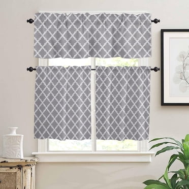 Ensemble Gris de 3 Pcs de Cantonnière et de Panneaux de Rideaux de Cuisine, Cantonnières à Poche pour Tringle à Moitié, Panneaux de Rideaux de Fenêtre, Carreaux Gris à Treillis 55"x36 Pouces (Ensemble de 2 Cantonnières et Panneaux)
