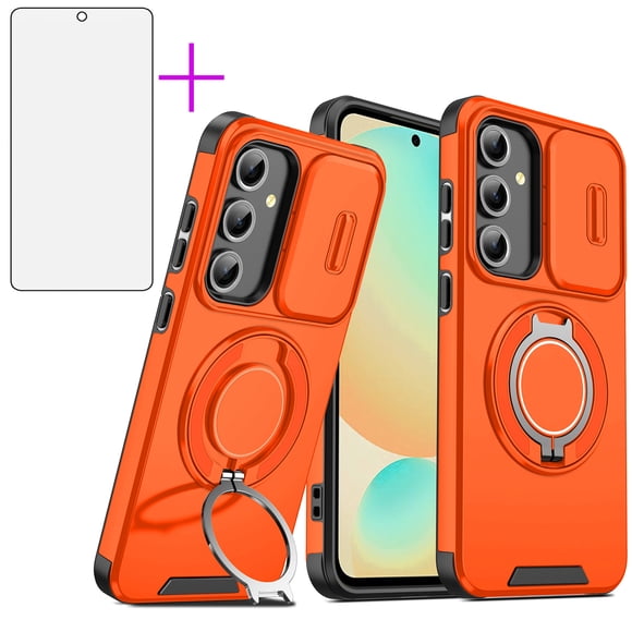 Asuwish Compatible with Samsung Galaxy S23 FE 5G Phone Case Slide Camera Cover Tempered Glass Screen Protector Stand Ring Holder Rugged Slim Cell for S 23 EF S23FE 23S Women Men Yellow