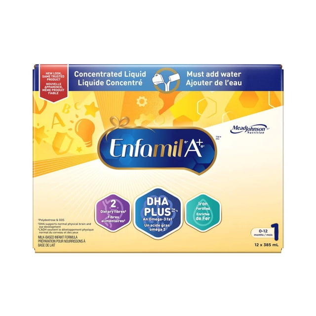 Enfamil A+® Baby Formula concentrated liquid cans box with 12 cans of 385 mL each, enriched with DHA Plus Omega-3 fat, dietary fibres, and iron, designed for infants 0-12 months, featuring bilingual English and French text on yellow and blue packaging.