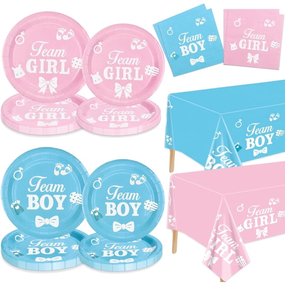 Gender Reveal Decorations - Including Boy or Girls Plates, Napkins, Team Boy Team Girls Tablecloth for Baby Shower He or She Gender Reveal Party Supplies, Serve 20 Guest