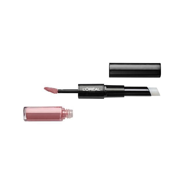 L'Oréal Paris Infallible 2-Step Lipstick with a black dual-ended tube showing a pink longwear liquid lipstick applicator and a white balm, designed for transfer-resistant, high-intensity colour lasting up to 24 hours, displayed uncapped with the pink lipstick bottle beside it on a white background.