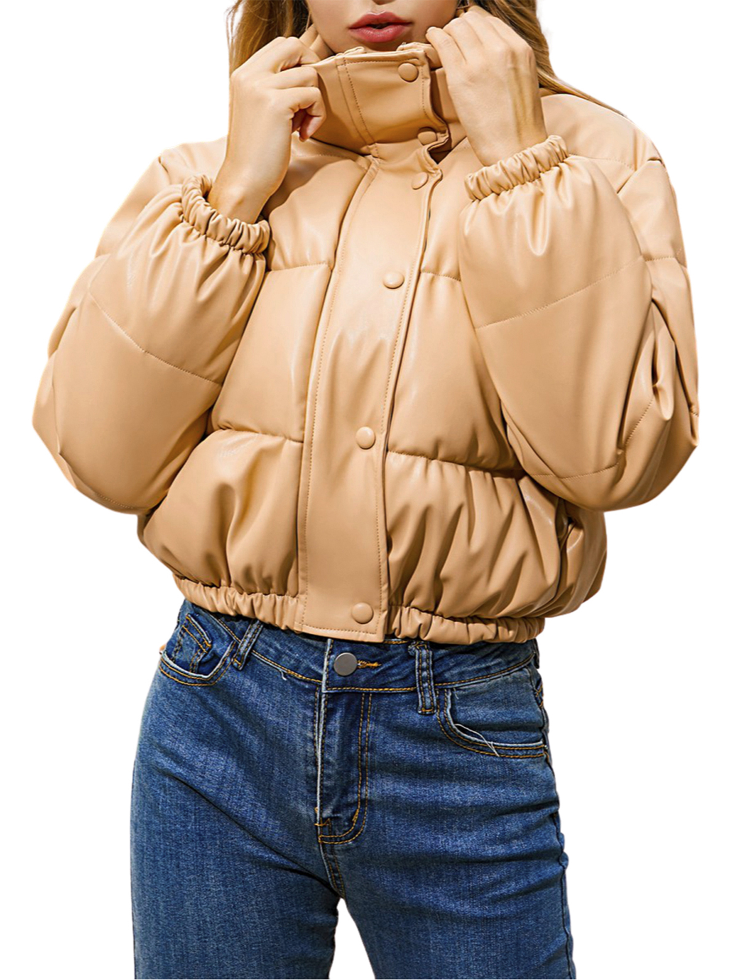 FOCUSNORM Women Juniors Long Sleeve Stand Collar Solid Color Cropped Puffer Jackets