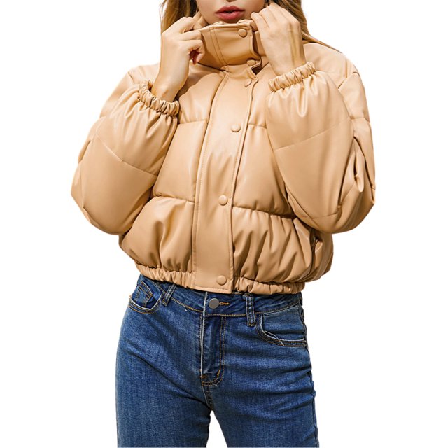 FOCUSNORM Women Juniors Long Sleeve Stand Collar Solid Color Cropped Puffer Jackets