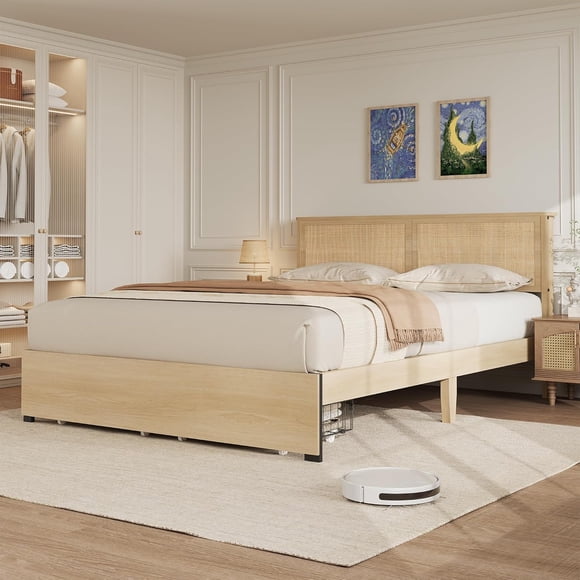Queen Platform Bed Frame, Queen Size Bed Frame with Natural Rattan Headboard, Cane Bed Frame with 2 Storage Drawers and Strong Wood Slats Support, Noise Free, No Box Spring Needed