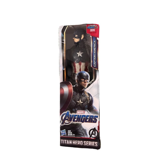 Captain America action figure from the Titan Hero Series by Marvel, featuring a multicolour design. The figure is displayed in its original packaging, showcasing the Avengers branding and Captain America's iconic shield. Suitable for ages 4 and up.