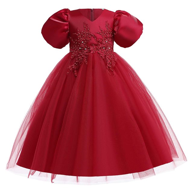 EINCcm Robe d'Été pour Filles, Robes de Princesse pour Filles, Robes d'Été pour Filles à Manches Courtes Robe de Princesse Robe à Queue Fleurie Robe Tutu, pour Enfants Bébé Fille, Rouge, 11-12 Ans