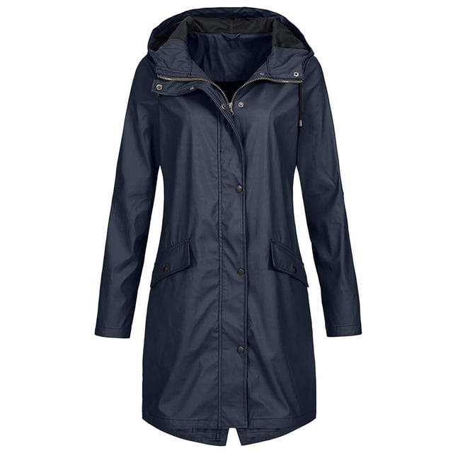 Mikilon Women's Solid Color Rain Jacket Outdoor Hooded Waterproof Windproof Long Coat