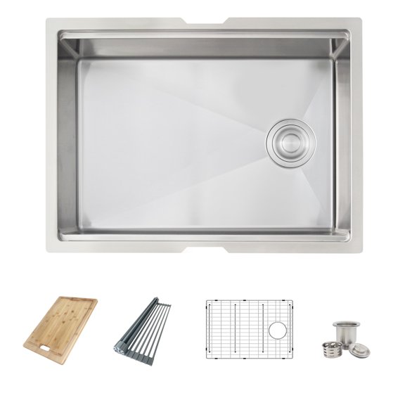 Azuni Évier de Cuisine Encastré 25 Pouces en Acier Inoxydable à Bol Simple pour Poste de Travail avec 4 Accessoires C126L