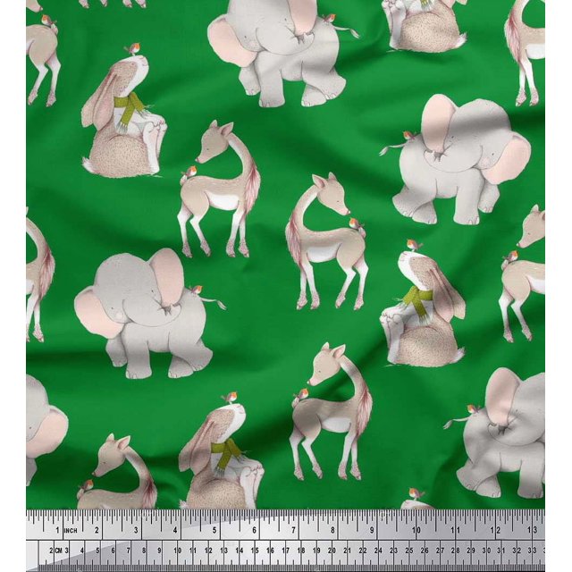 Soimoi Cotton Poplin Fabric Deer,Elephant & Rabbit Kids Print Fabric by Yard 56 Inch Wide