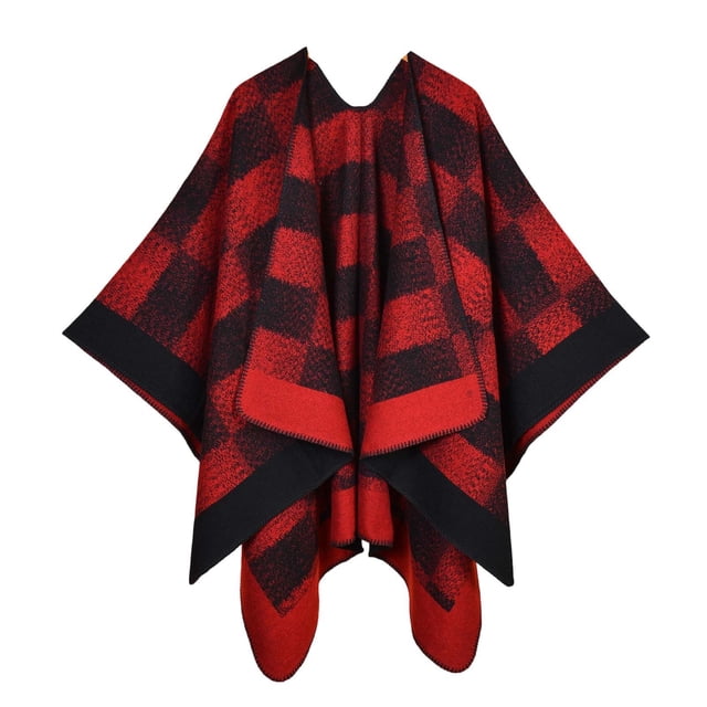 Gpaecead Women's Fall Classic Plaid Shawl - Jacquard Pattern Open Front Warm Cape Wrap Red