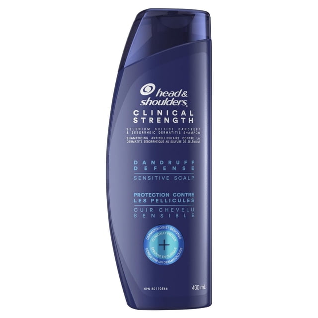 Head & Shoulders Clinical Dandruff Defense Sensitive Shampoo in a 400 mL dark blue curved bottle with white and light blue text, featuring a dermatologist designed clinical strength formula for dandruff and sensitive scalp care, suitable for men's hair care.