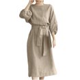 thumbnail image 2 of EGNMCR Robe Femme en Coton et Lin Col Rond Couleur Unie Manches Mi-Longues Ample Confortable Douce Robes Ceinture Corset Grande Taille Tendance Élégante Décontractée Robes Midi, 2 of 8