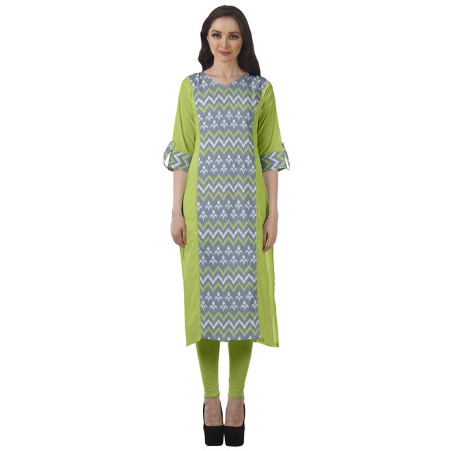 Moomaya Tunique Droite à Col en V pour Femmes, Manches Roulées, Kurta en Coton Imprimé