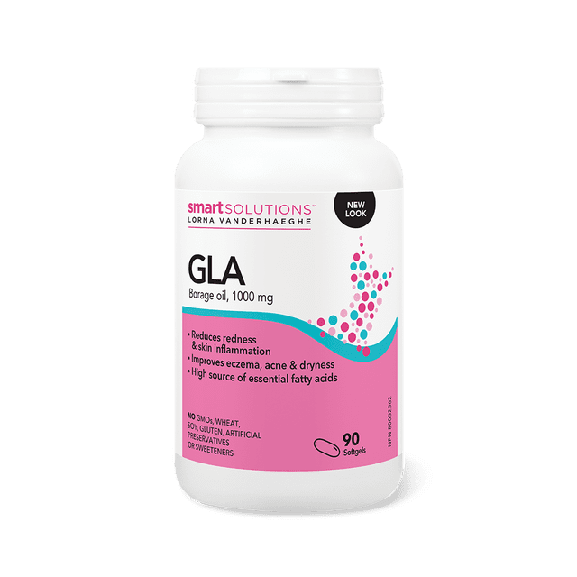Lorna Vanderhaeghe GLA Skin/Borage Oil, a bottle of 90 softgels containing 1000 mg of borage oil. The label highlights benefits such as reducing redness, improving skin inflammation, and supporting eczema, acne, and dryness. The bottle features a white and pink design with the brand name Smart Solutions.