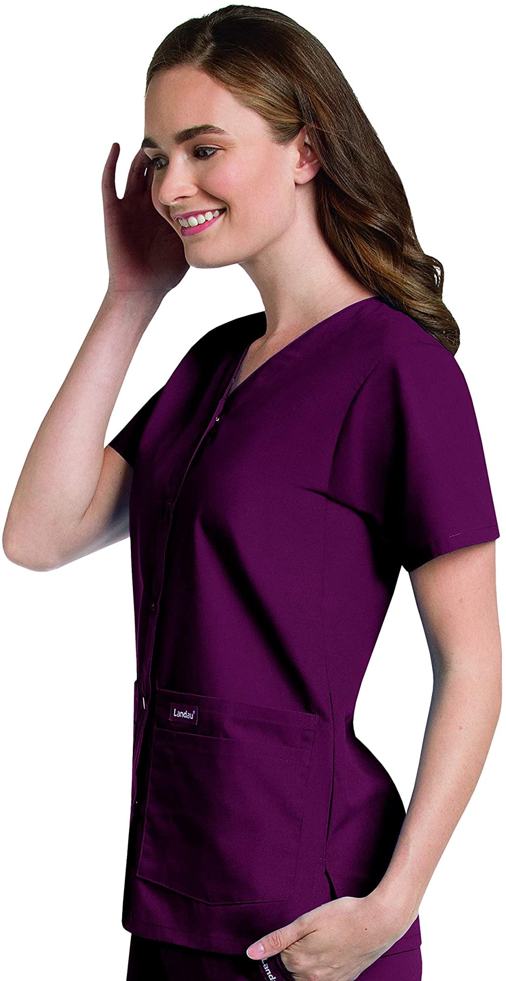 Landau Womens 4-Pocket, Classic Relaxed Fit, V-Neck Snap Front Scrub Top 8232