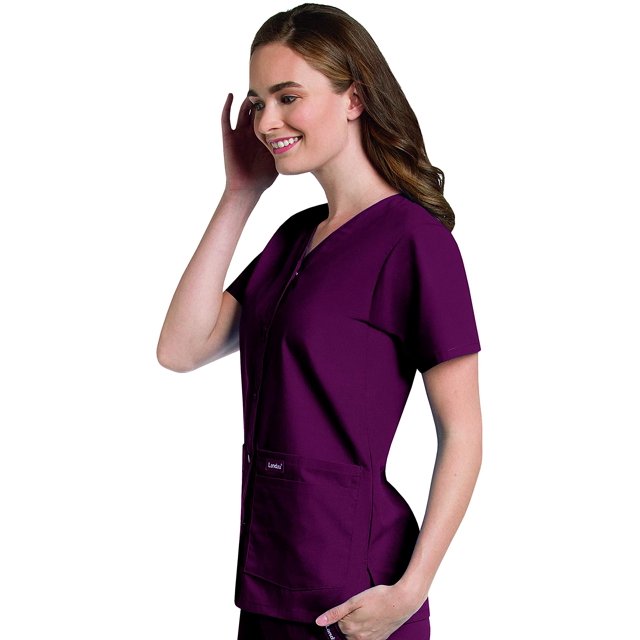 Landau Essentials Haut d'Uniforme à Boutons-Pression pour Femme, Coupe Classique Décontractée, Col en V, 4 Poches