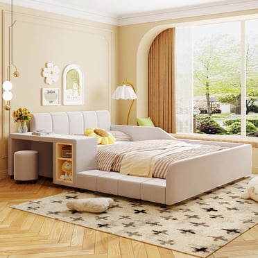 Noble House Lit de mère et d’enfant entièrement rembourré, velours avec bureau de chevet et tabouret rond,Beige