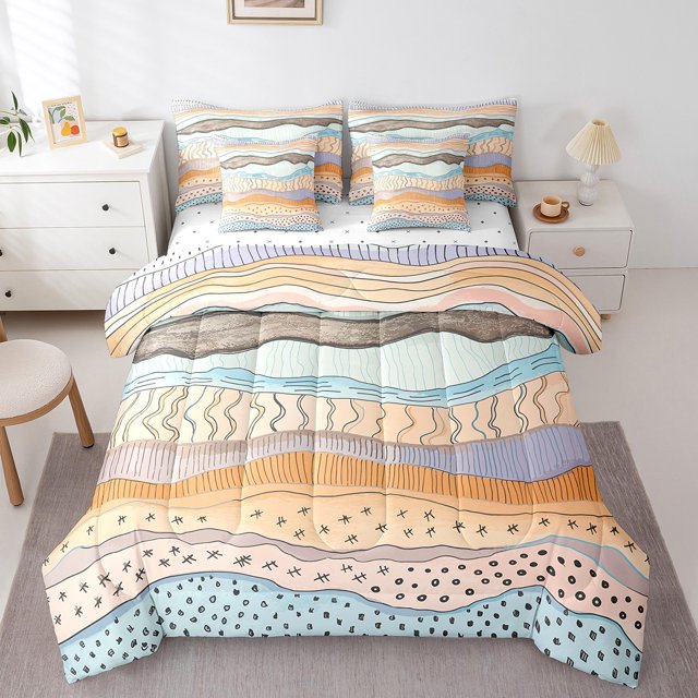 YST Geometric Wave 7-Piece Bedding Set, Pink Beige Blue Full Size Comforter Set, Modern Abstract Art