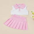 thumbnail image 2 of 2Pcs Girls Summer Outfits  Patchwork Lapel Buttons Sleeveless Tank Tops + Pleated Skirt Set for Kids  2-7 Years, 2 of 6